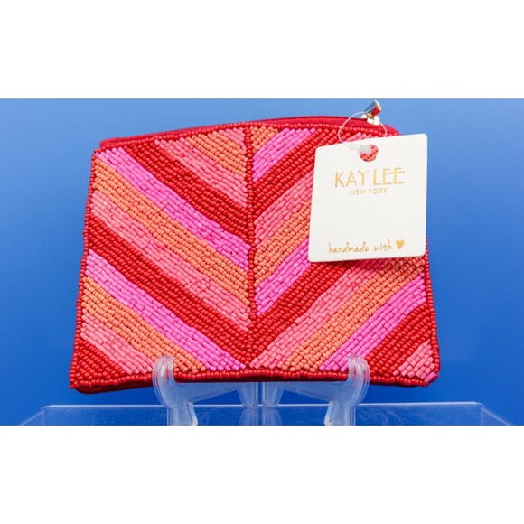 Kay Lee Beaded Red Pink Chevron Seed Bead Canvas Zip Clutch /Makeup Bag 6" x 5" - Picture 1 of 4